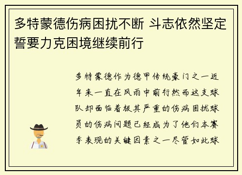 多特蒙德伤病困扰不断 斗志依然坚定誓要力克困境继续前行