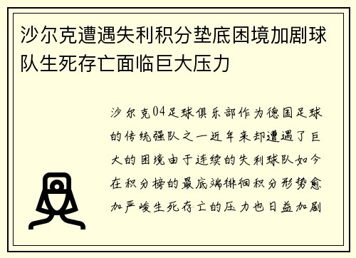 沙尔克遭遇失利积分垫底困境加剧球队生死存亡面临巨大压力